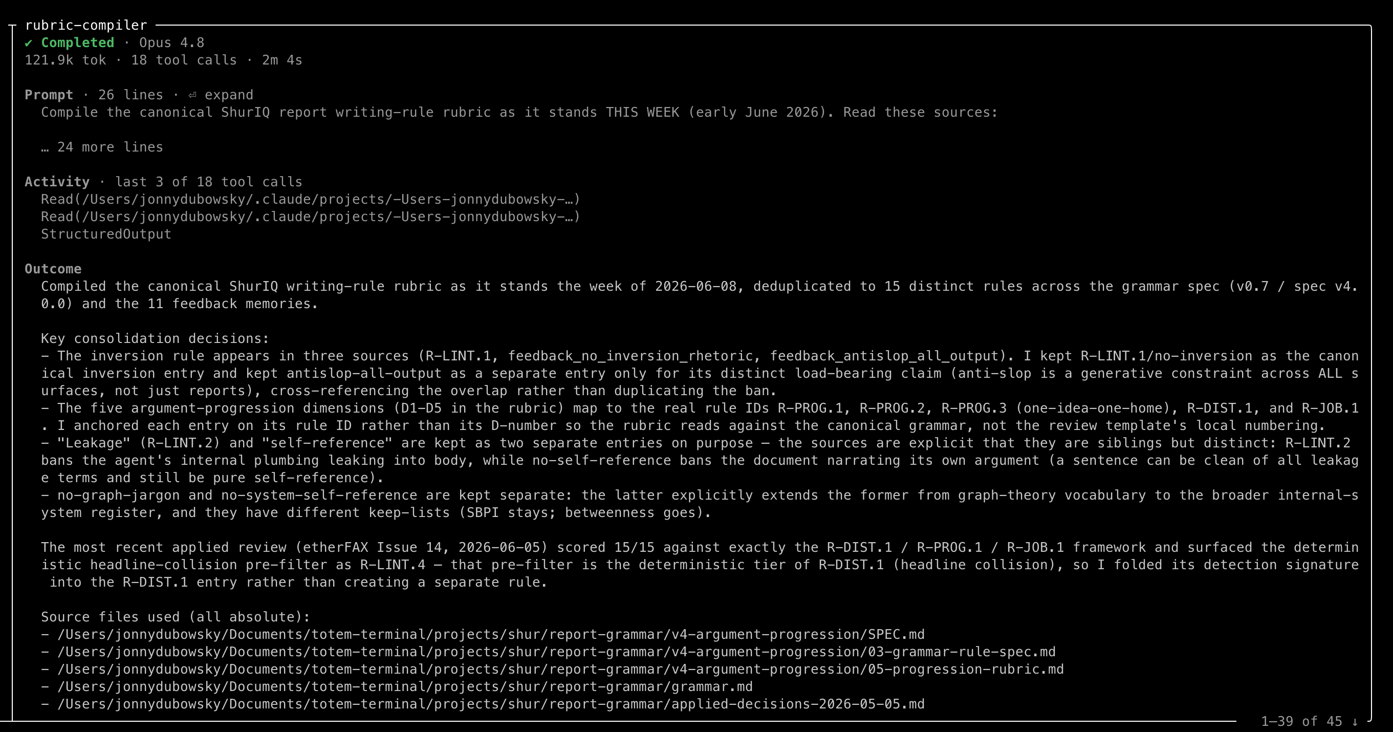 rubric-compiler agent output: 15 distinct rules compiled from the grammar spec and feedback memories